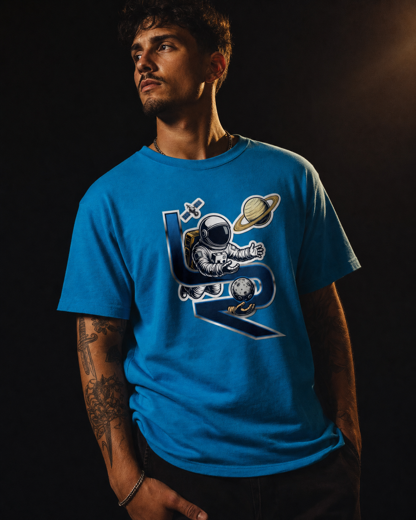 Spaceman Explorer Tee — cinematic on-model campaign shot
