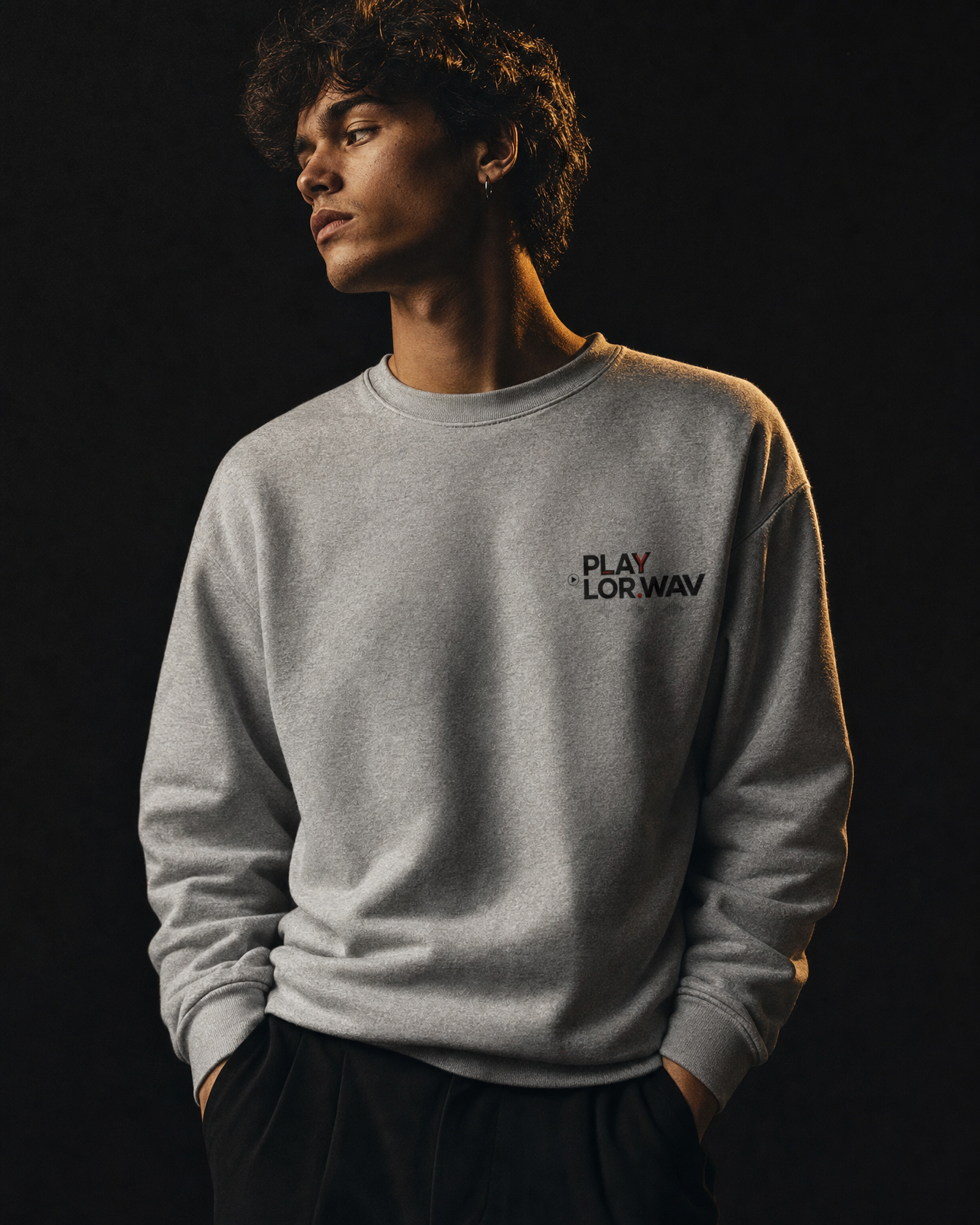 PLAY LOR.WAV Sweatshirt — cinematic on-model campaign shot