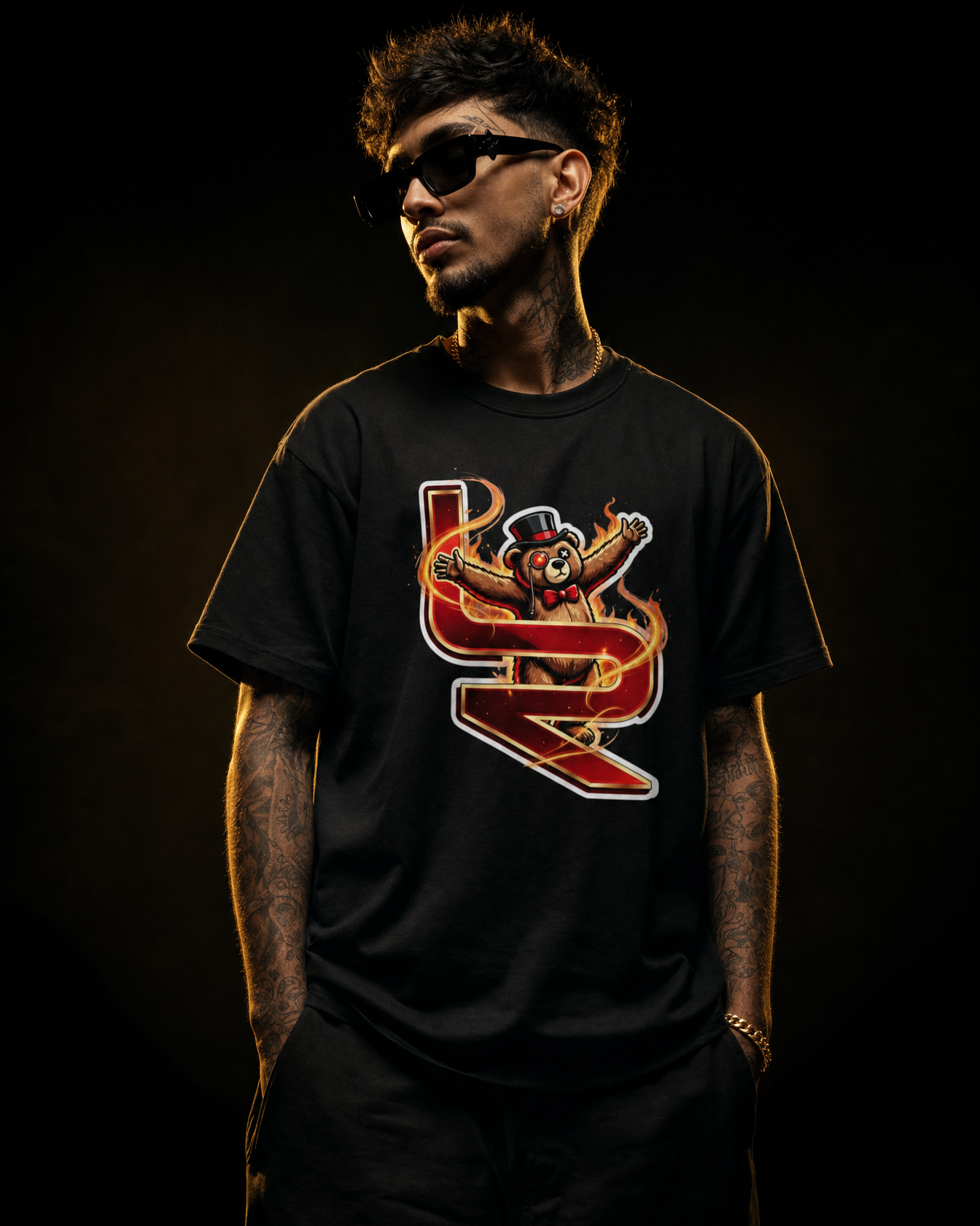 Fire Bear Tee — cinematic on-model campaign shot
