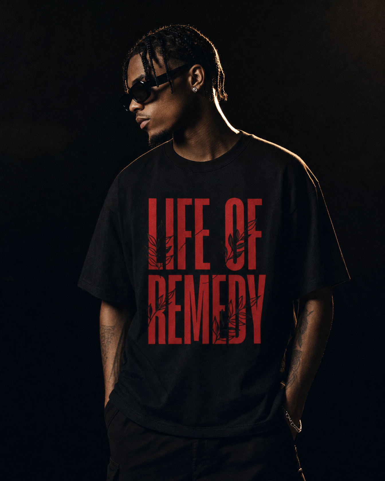 LOR Red Print Tee — cinematic on-model campaign shot